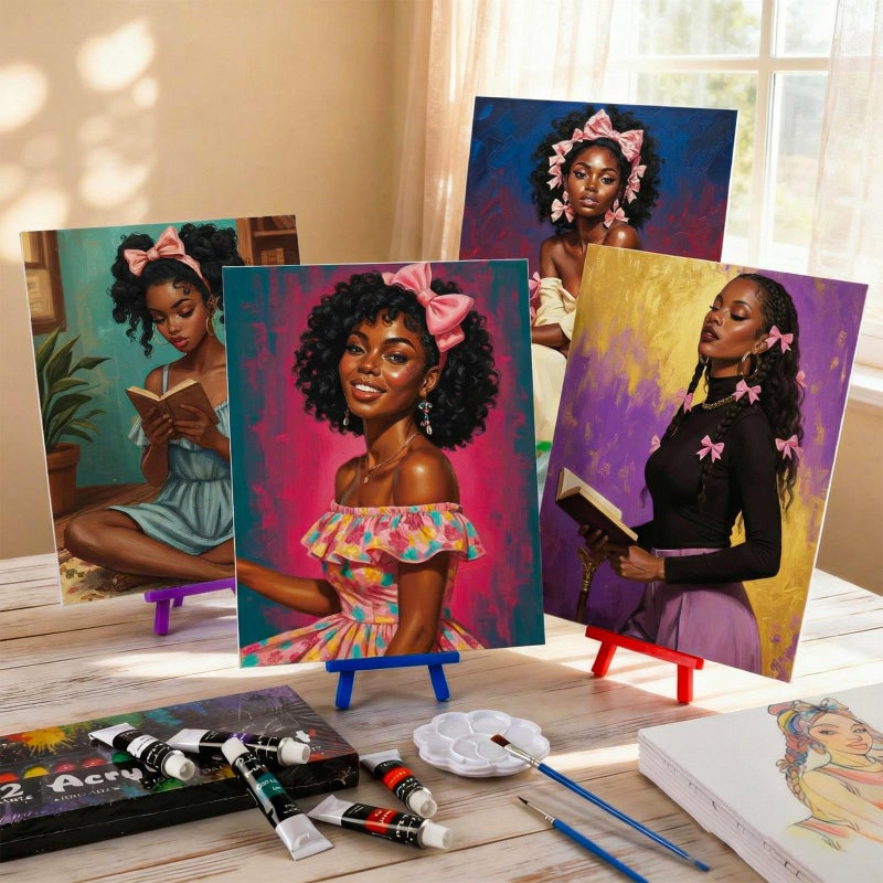 Sherr 108 Pcs 12 Set Black Girl Sip and Paint Kit for Adults 8''x10'' Pre Drawn Canvas to Paint DIY Acrylic Painting Kit Pre Printed Canvas for Date Night Mother's Day Party Team Building - Image 5