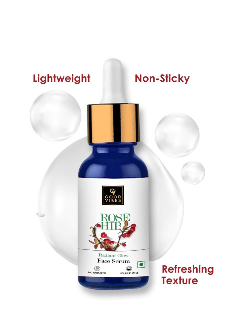 Good Vibes Good Vibes Rose Hip Radiant Glow Face Serum, 10 ml Light Weight Non Greasy Moisturizing Anti Ageing Formula For All Skin Types, Corrects Dark Spots, Natural, No Parabens & Sulphates, No Animal Testing  - Image 4