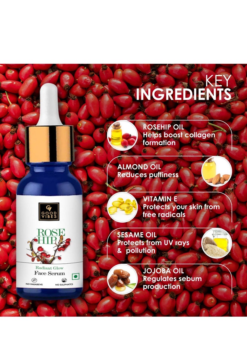 Good Vibes Good Vibes Rose Hip Radiant Glow Face Serum, 10 ml Light Weight Non Greasy Moisturizing Anti Ageing Formula For All Skin Types, Corrects Dark Spots, Natural, No Parabens & Sulphates, No Animal Testing  - Image 2