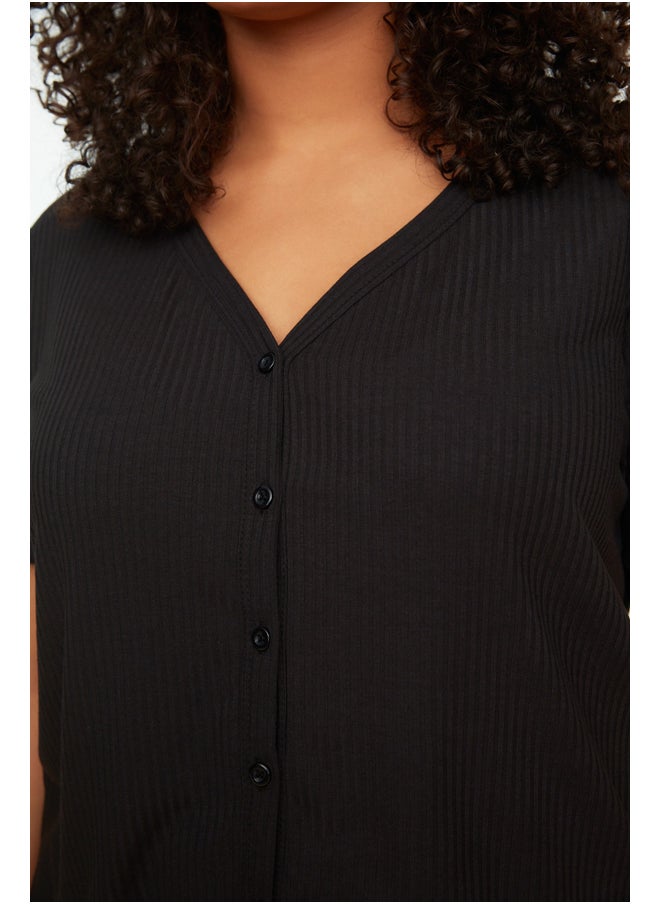 trendyol - Black V-Neck Knitted Buttons Pajamas Set TBBSS22PT0215 - Image 1