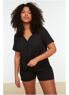 Black V-Neck Knitted Buttons Pajamas Set TBBSS22PT0215