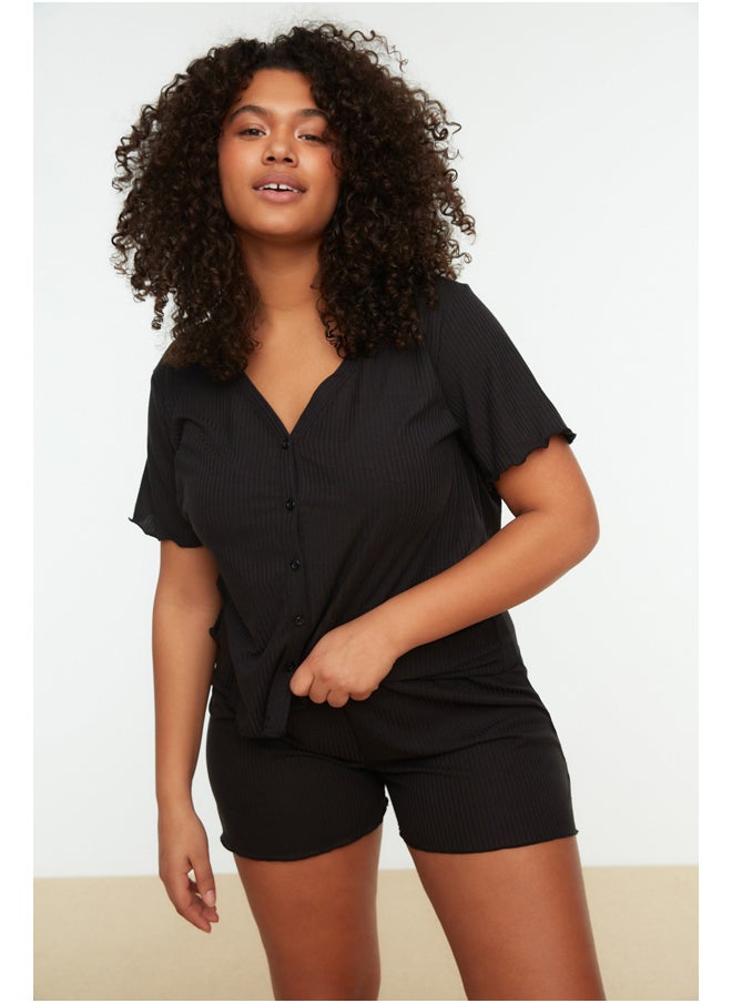 trendyol - Black V-Neck Knitted Buttons Pajamas Set TBBSS22PT0215 - Image 1
