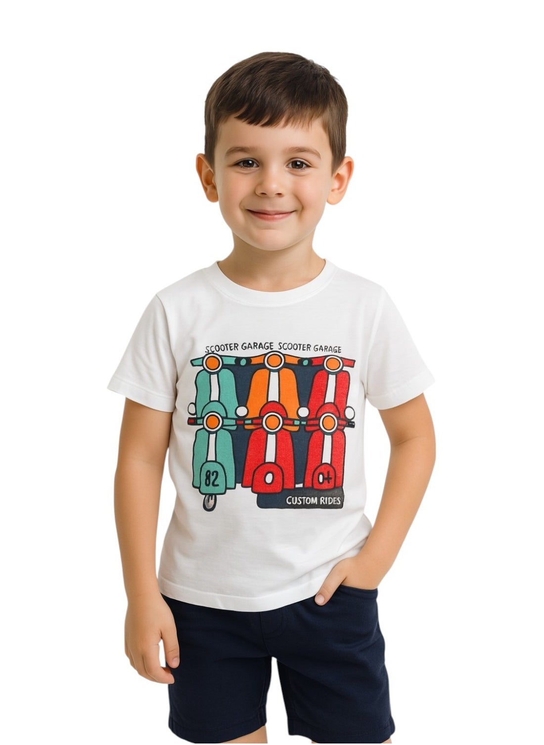 victor and jane Kids Boys 2 piece Set - T-Shirts & Shorts -Off-White and Navy (100% Cotton)