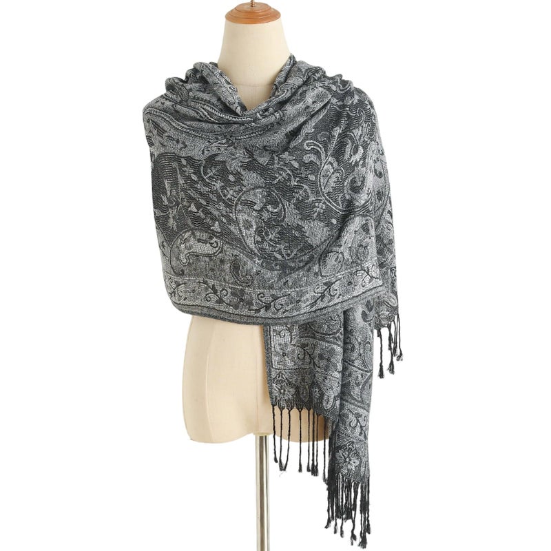 Nonakgado Pashmina Scarves for Women-Winter Black White Paisley Pashmina Rave Shawls and Wraps for Travel (Sy1-Black White) - Image 3