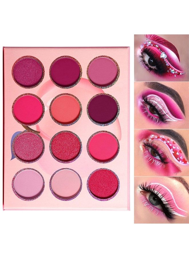 DE'LANCI Pink Purple Eyeshadow Palette, 12 Colors High Pigment Matte Shimmer Barbie Eye Shadow Makeup Pallet, Small Bright Peach Red Eyeshadow Pallets, Long Lasting Shades for Girl Women Summer Travel - Image 1