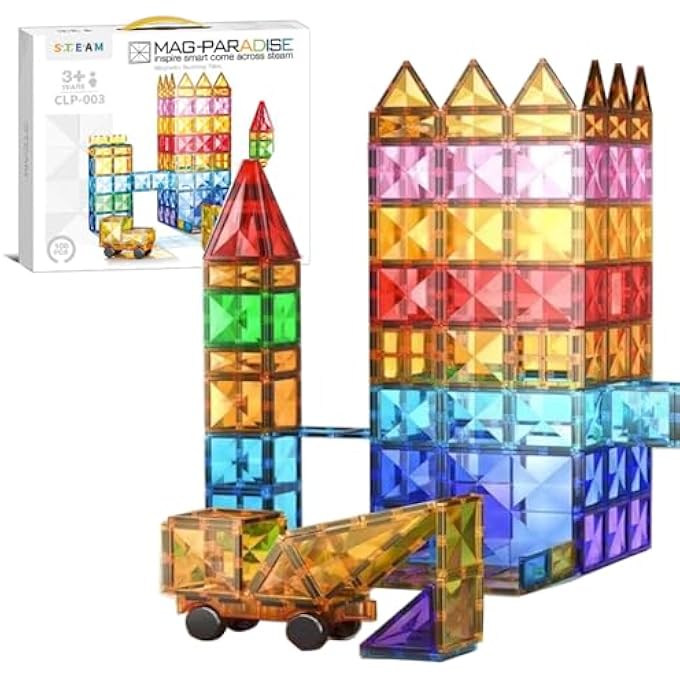 MAGNETIC TILES,100PCS 3D BUILDING BLOCKS W/ 1 CAR, MAGNETS BUILDING SET FOR KIDS, CONSTRUCTION STEM STACKING TOYS,MAGNETS TOY GIFT FOR TODDLERS, BOYS AND GIRLS AGES 3 4 5 6 7 8 9+ YEAR OLD - Image 1