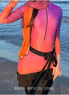roaiss 3 Piece Women Swimsuit Beach Sun Protection Clothing Conservative Style Long Sleeve Sun Protection Body Modification Printing Elements Gradient Color Various Matching Methods  - Image 5