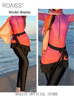 roaiss 3 Piece Women Swimsuit Beach Sun Protection Clothing Conservative Style Long Sleeve Sun Protection Body Modification Printing Elements Gradient Color Various Matching Methods  - Image 4