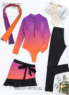 roaiss 3 Piece Women Swimsuit Beach Sun Protection Clothing Conservative Style Long Sleeve Sun Protection Body Modification Printing Elements Gradient Color Various Matching Methods  - Image 3