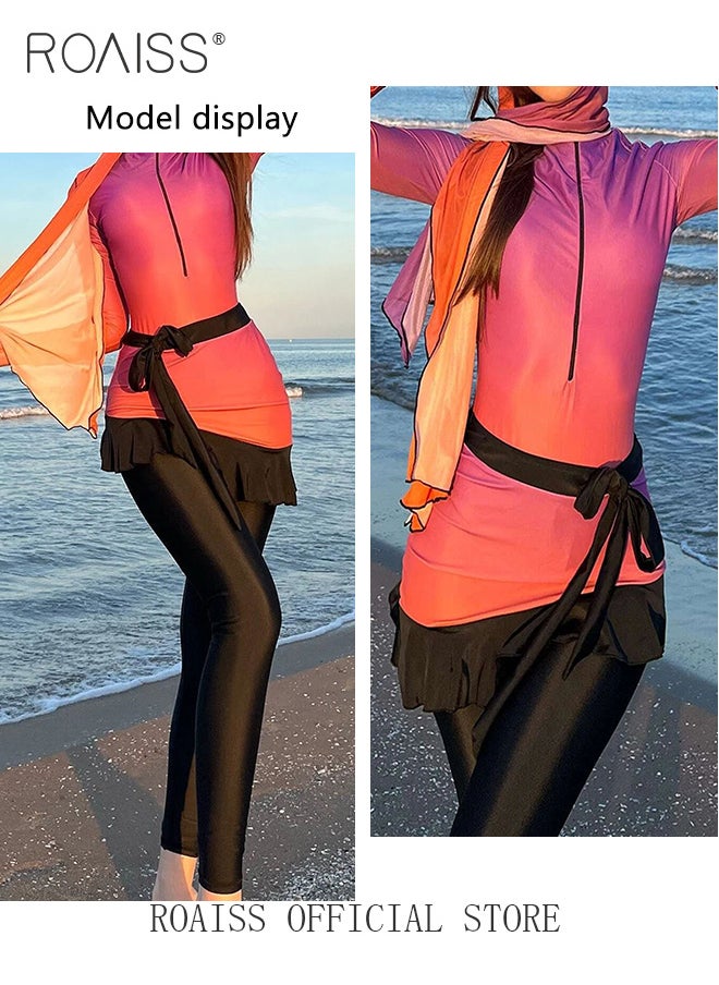 roaiss - 3 Piece Women Swimsuit Beach Sun Protection Clothing Conservative Style Long Sleeve Sun Protection Body Modification Printing Elements Gradient Color Various Matching Methods - Image 1