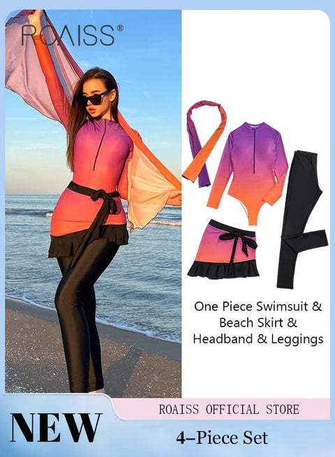 ملابس سباحة نسائية مكونة من 4 قطع، ملابس شاطئ للحماية من الشمس، نمط محافظ، أكمام طويلة، ملابس سباحة للجسم، عناصر طباعة معدلة، ألوان متدرجة، طرق مطابقة متنوعة