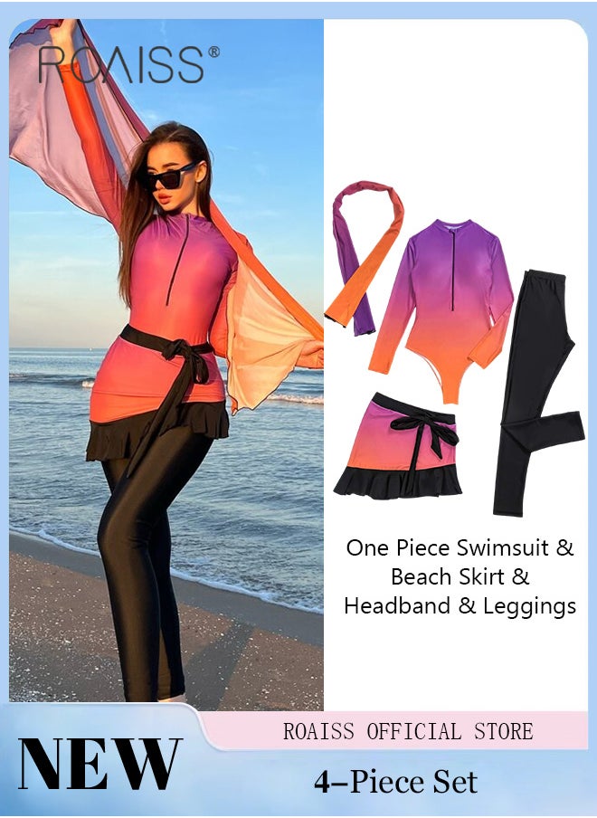 roaiss - 3 Piece Women Swimsuit Beach Sun Protection Clothing Conservative Style Long Sleeve Sun Protection Body Modification Printing Elements Gradient Color Various Matching Methods - Image 1