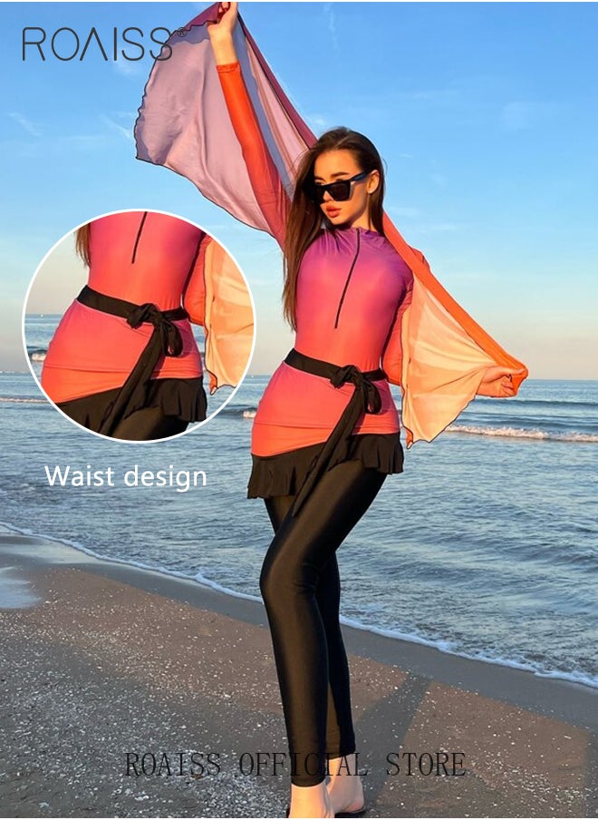roaiss - 3 Piece Women Swimsuit Beach Sun Protection Clothing Conservative Style Long Sleeve Sun Protection Body Modification Printing Elements Gradient Color Various Matching Methods - Image 1