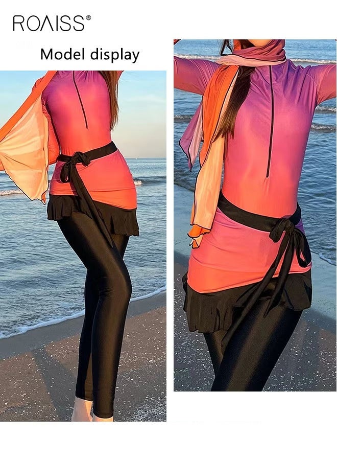 roaiss 4 Piece Women's Swimsuit, Beach Sun Protection Clothing, Conservative Style Long Sleeve Swimwear, Modification Printing Elements Gradient Color Swimwear Cover Up, Various Matching Methods - Image 4