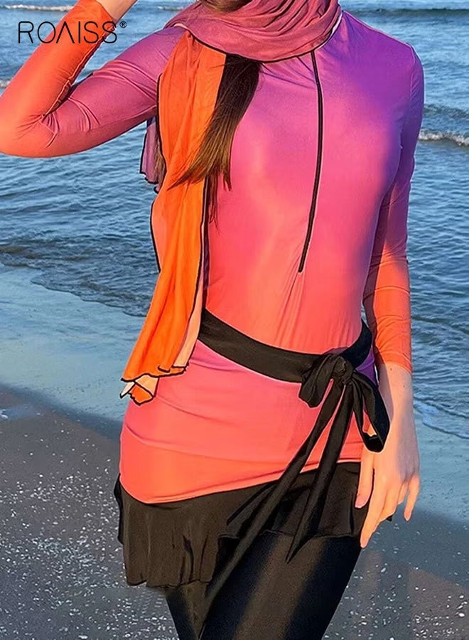 roaiss 4 Piece Women's Swimsuit, Beach Sun Protection Clothing, Conservative Style Long Sleeve Swimwear, Modification Printing Elements Gradient Color Swimwear Cover Up, Various Matching Methods - Image 5