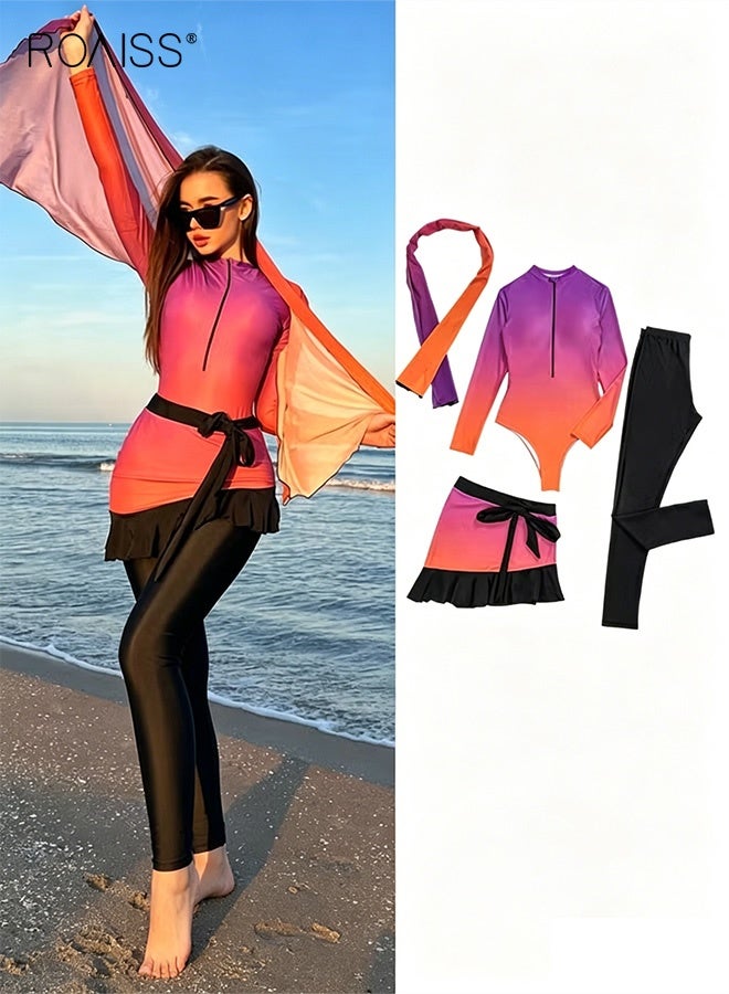 roaiss 4 Piece Women's Swimsuit, Beach Sun Protection Clothing, Conservative Style Long Sleeve Swimwear, Modification Printing Elements Gradient Color Swimwear Cover Up, Various Matching Methods - Image 1