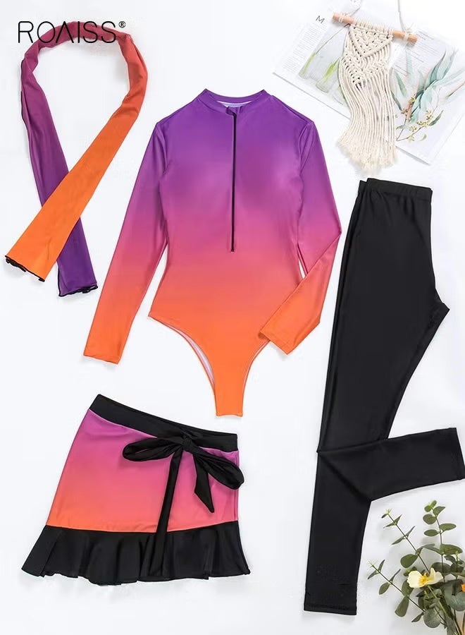 roaiss 4 Piece Women's Swimsuit, Beach Sun Protection Clothing, Conservative Style Long Sleeve Swimwear, Modification Printing Elements Gradient Color Swimwear Cover Up, Various Matching Methods - Image 3