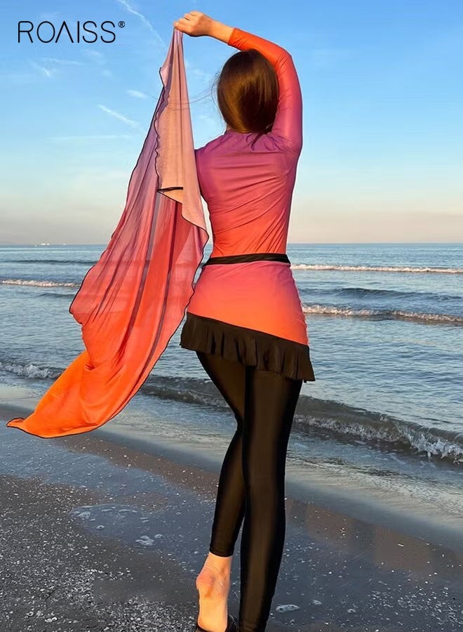 roaiss 4 Piece Women's Swimsuit, Beach Sun Protection Clothing, Conservative Style Long Sleeve Swimwear, Modification Printing Elements Gradient Color Swimwear Cover Up, Various Matching Methods - Image 2