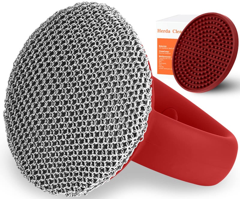 Cast Iron Cleaner ScrubberTray with Handle Welded Chainmail Scrubber for Pan Pot Grill Oven Wok Cleaning Small Ring Chain Scrub Metal Scraper Brush Iron Skillet Steel Wool Scrubber Steel Sponge
