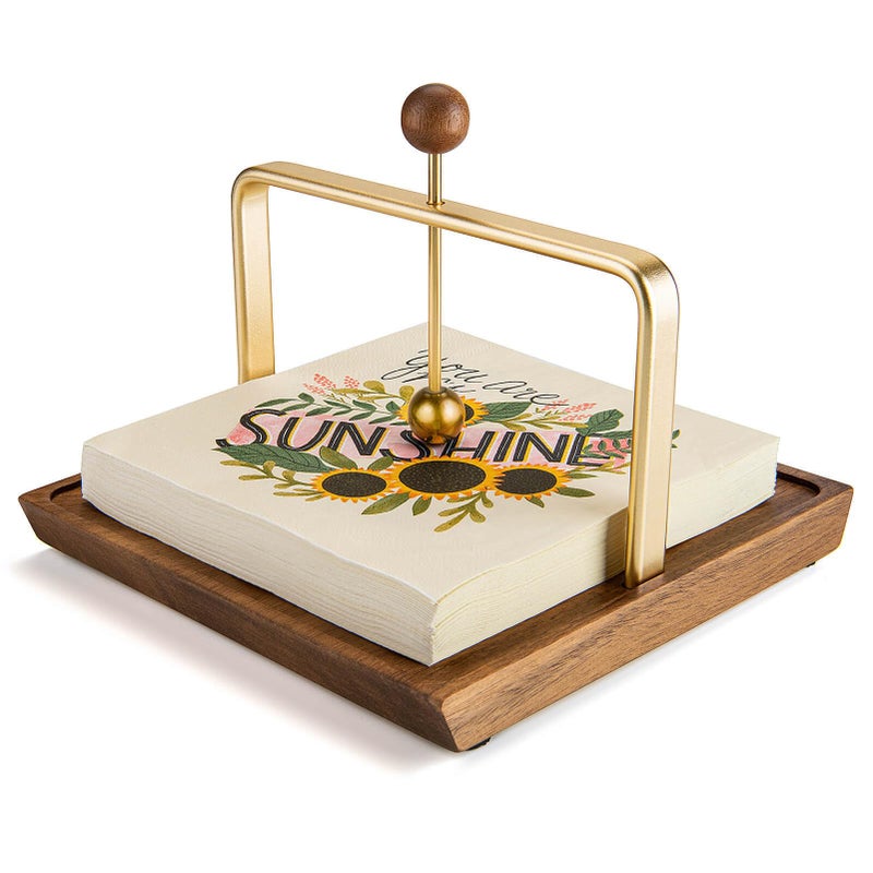 Wood Napkin Holder for Table Square Tabletop Napkin Dispenser with Sophisticatedly Metal Center Bar Cocktail Napkin Holder for Home Kitchen Office Restaurant Hotel Cafe Bar