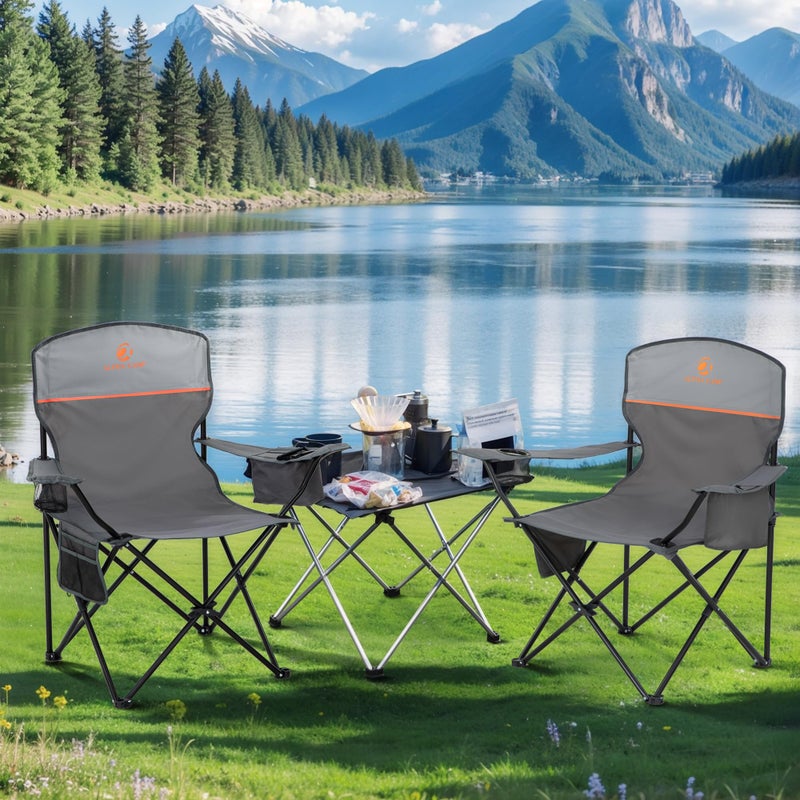 LET'S CAMP Camping Chair 2 Pack Folding Chair with 3-Can Cooler Bag Portable Lawn Chair with Cup Holder,Storage Pocket, Supports 225LBS, Collapsible Chair for Camp, Beach, Picnic (Grey) - Image 2
