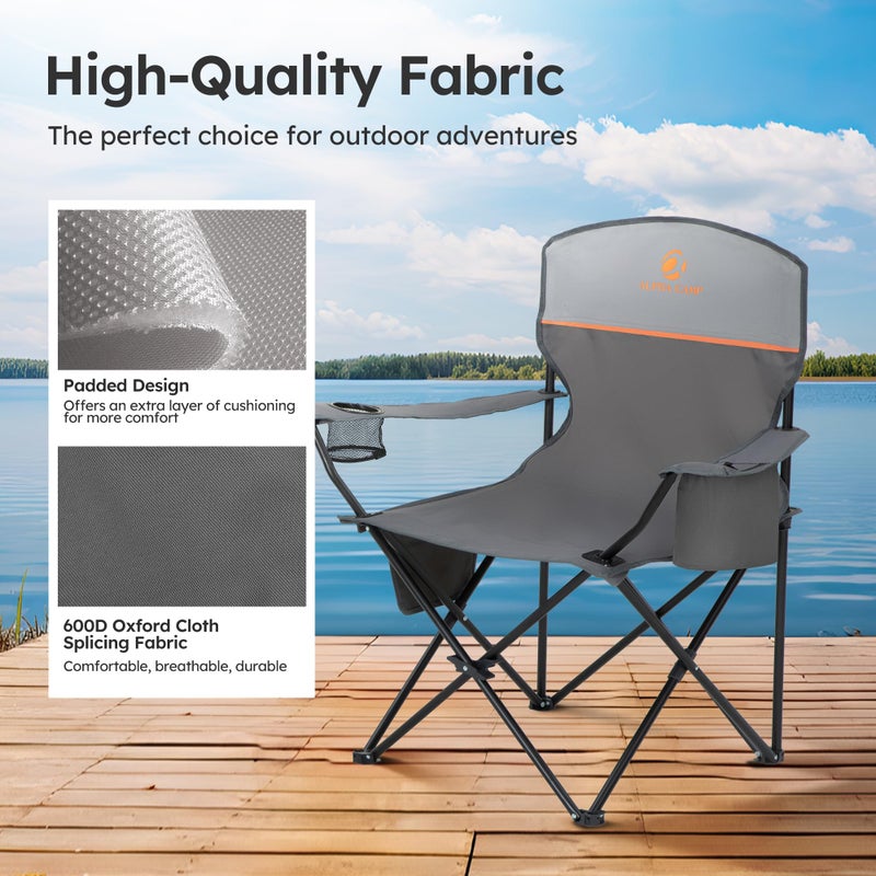 LET'S CAMP Camping Chair 2 Pack Folding Chair with 3-Can Cooler Bag Portable Lawn Chair with Cup Holder,Storage Pocket, Supports 225LBS, Collapsible Chair for Camp, Beach, Picnic (Grey) - Image 5