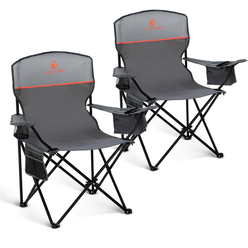 LET'S CAMP Camping Chair 2 Pack Folding Chair with 3-Can Cooler Bag Portable Lawn Chair with Cup Holder,Storage Pocket, Supports 225LBS, Collapsible Chair for Camp, Beach, Picnic (Grey) - Image 1