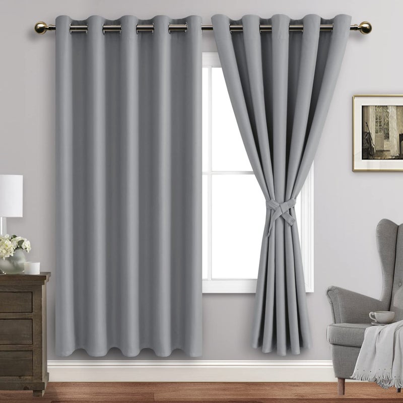 JIUZHEN Light Grey Blackout Curtains with Tiebacks Thermal Insulated  Light Blocking Noise Reducing Grommet Curtains for Bedroom and Living Room  Set of 2 Window Curtain Panels  60 x 72 Inch Length - Image 1