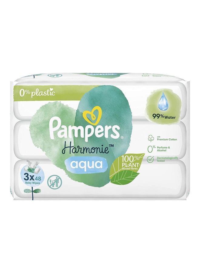 Baby Wipes Multipack, Harmonie Aqua, 144 Wet Wipes (48 x 3), Pure Protection For Delicate Skin With 99% Water, Plastic Free
