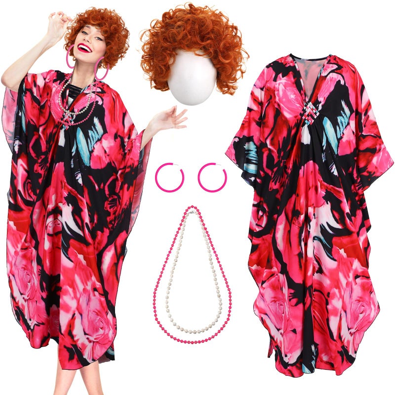 Croloose 5 Pcs Halloween Women Landlady Costume Set with Print Caftan Dress Curly Wig Bead Necklace Earring for Cosplay Party(Flower Style) - Image 1