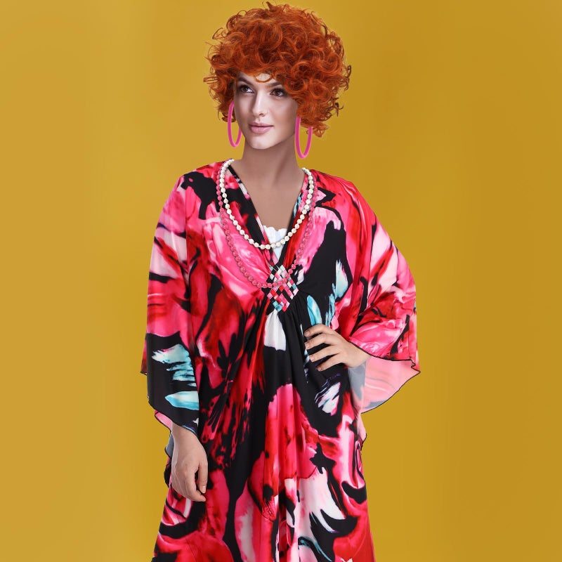 Croloose 5 Pcs Halloween Women Landlady Costume Set with Print Caftan Dress Curly Wig Bead Necklace Earring for Cosplay Party(Flower Style) - Image 5