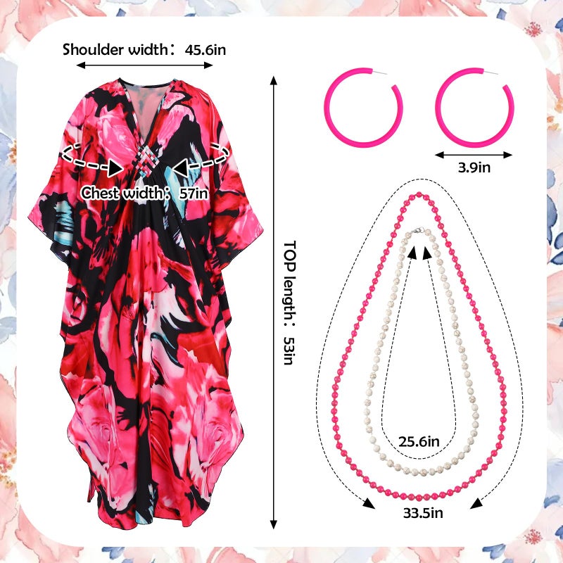 Croloose 5 Pcs Halloween Women Landlady Costume Set with Print Caftan Dress Curly Wig Bead Necklace Earring for Cosplay Party(Flower Style) - Image 2