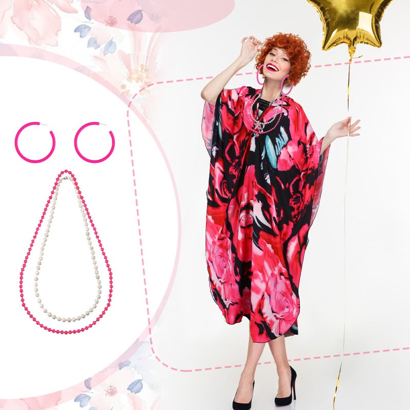 Croloose 5 Pcs Halloween Women Landlady Costume Set with Print Caftan Dress Curly Wig Bead Necklace Earring for Cosplay Party(Flower Style) - Image 4