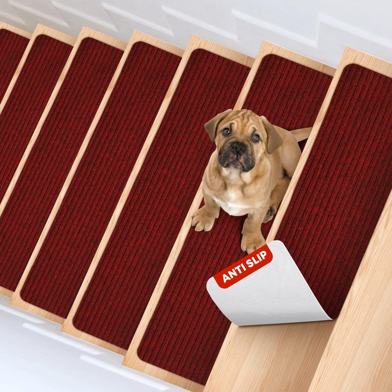 MBIGM 8 X 30 15 in Pack NonSlip Carpet Stair Treads NonSkid Safety Rug Slip Resistant Indoor Runner for Kids Elders Pets wReusable Adhesive Red AntiSlip Stair Strips Washable Stair Treads
