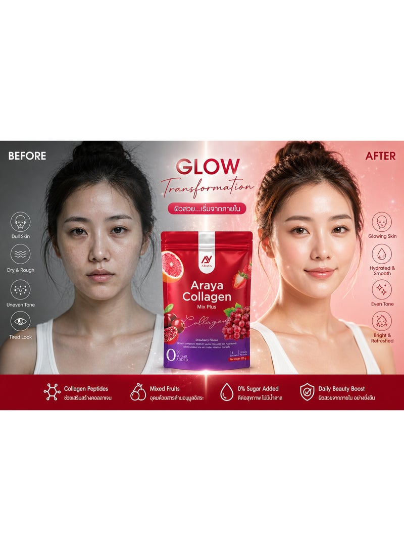 Aryaa Araya Collagen Mix Plus Strawberry Collagen Drink Powder 15 Sachets 225g Zero Sugar Added Hydration Beauty Supplement Daily Use - Image 5