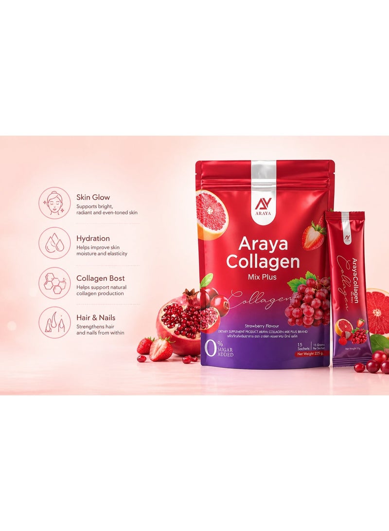 Aryaa Araya Collagen Mix Plus Strawberry Collagen Drink Powder 15 Sachets 225g Zero Sugar Added Hydration Beauty Supplement Daily Use - Image 2