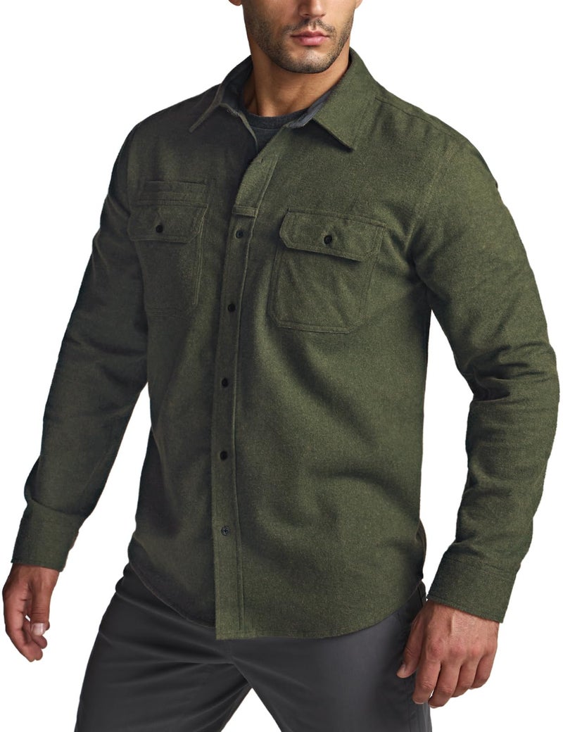 CQR Men's 100% All Cotton Button Down Flannel Shirts, Long Sleeve Brushed Warm Soft Casual Outdoor Plaid Shirt, Solid Hunter Green, Medium - Image 2