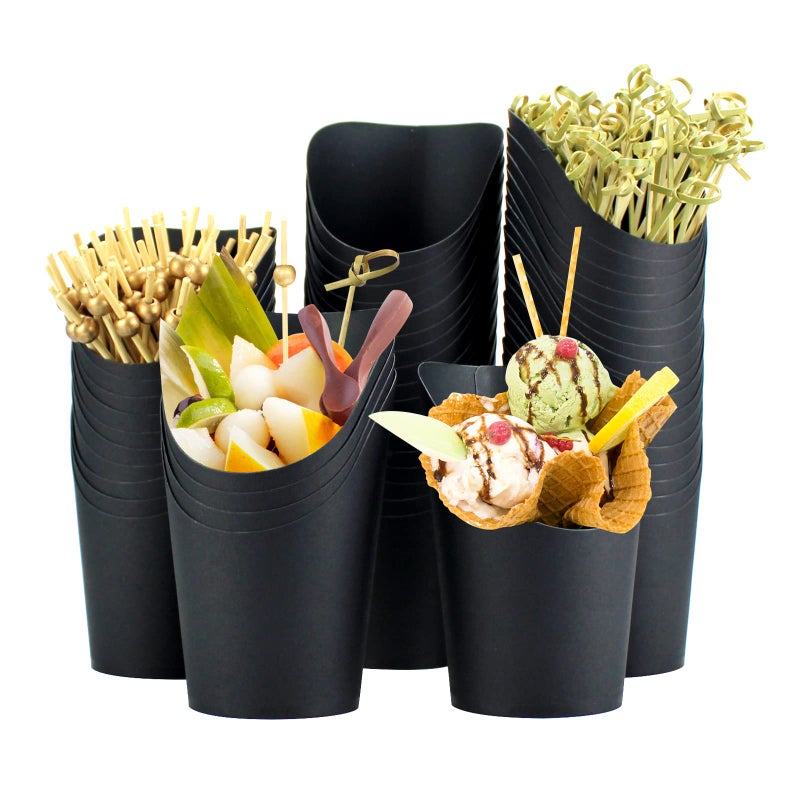 QPEY 50 cups  100 picks 14OZ Black Charcuterie Cups with Cocktail PicksFrench Fries HolderFrench Fries ConesDisposable Paper Appetizer Cups for all Occasions black