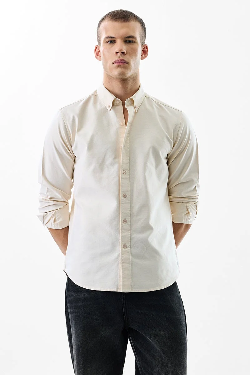 SNITCH Beige Solid Long Sleeve Slim Fit Formal Core Lab Shirt