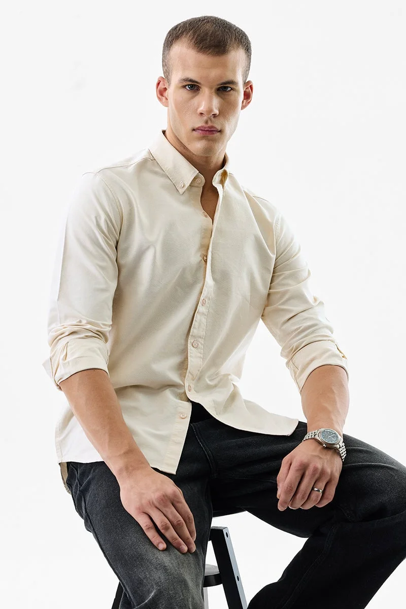 SNITCH Beige Solid Long Sleeve Slim Fit Formal Core Lab Shirt