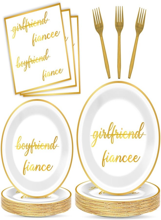 Justforjoyful 96PCS Engagement Party Supplies Engagement Paper Plates and Napkins White Gold Engaged Tableware Set Bride to Be Disposable Dinnerware for Wedding Bridal Shower Party Decorations Favors Serve 24 - Image 1