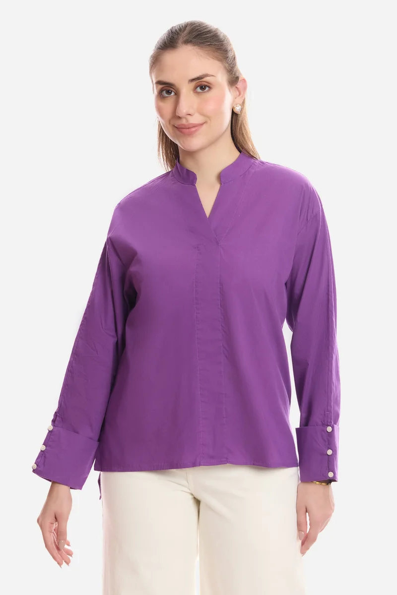 فيرجيو Solid Cotton Boxy Mock Placket Tunic for Women