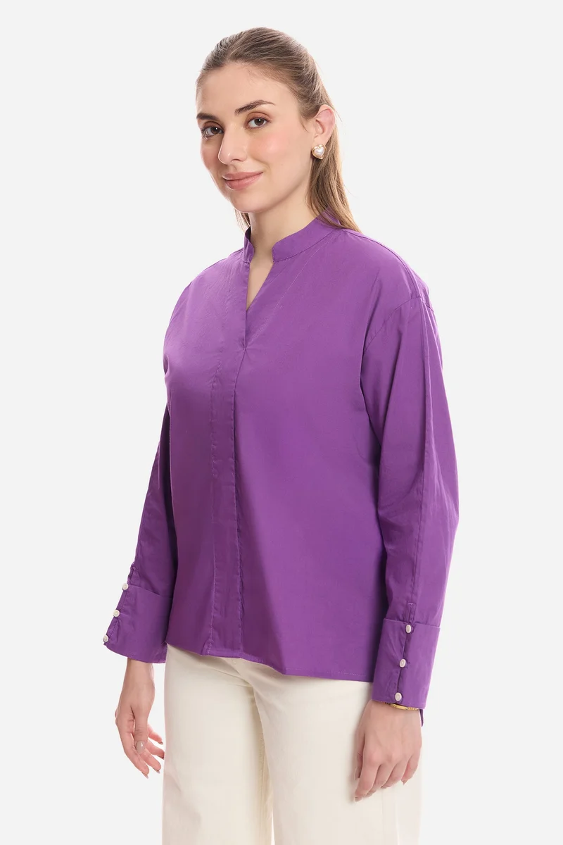 Virgio Purple Solid Cotton Boxy Mock Placket Tunic for Women for Women | Best Price UAE