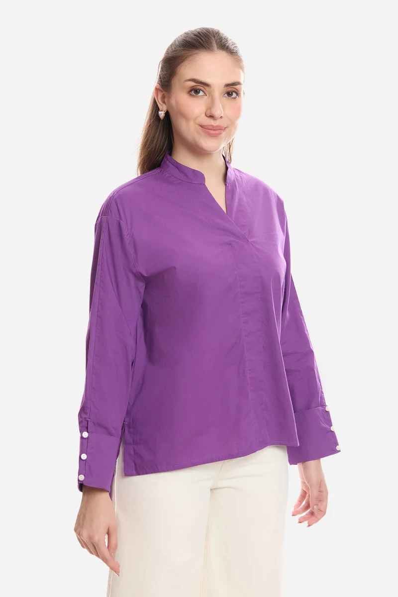 Virgio Purple Solid Cotton Boxy Mock Placket Tunic for Women for Women | Best Price UAE
