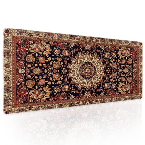 aportt Vintage Rug Gaming Mouse Pad XL Dark Brown Retro Carpet Aesthetic Extended Large Mat Mousepad Desk Pad Non-Slip Rubber Base Stitched Edge Flower Keyboard Pad Playmat for Computer,31.5×11.8 Inch - Image 1