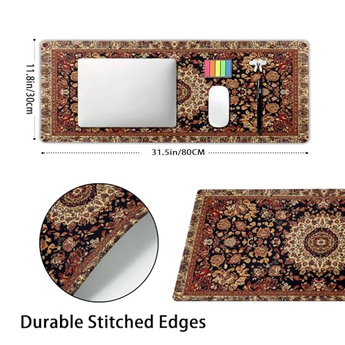 aportt Vintage Rug Gaming Mouse Pad XL Dark Brown Retro Carpet Aesthetic Extended Large Mat Mousepad Desk Pad Non-Slip Rubber Base Stitched Edge Flower Keyboard Pad Playmat for Computer,31.5×11.8 Inch - Image 2