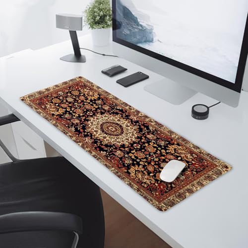 aportt Vintage Rug Gaming Mouse Pad XL Dark Brown Retro Carpet Aesthetic Extended Large Mat Mousepad Desk Pad Non-Slip Rubber Base Stitched Edge Flower Keyboard Pad Playmat for Computer,31.5×11.8 Inch - Image 5