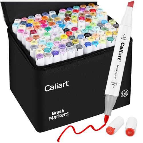 Caliart Alcohol Markers Brush Tip - 121 Colors Dual Tip Art Markers Set for Adult Coloring Books Artist Drawing Illustration Sketching, with Case Permanent Alcohol Based Colored Chisel & Brush Pens - Image 1