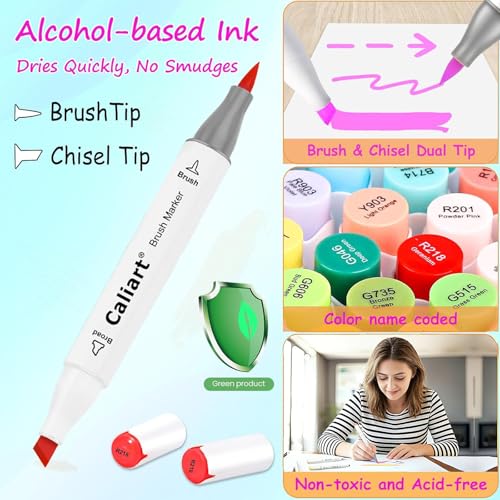 Caliart Alcohol Markers Brush Tip - 121 Colors Dual Tip Art Markers Set for Adult Coloring Books Artist Drawing Illustration Sketching, with Case Permanent Alcohol Based Colored Chisel & Brush Pens - Image 2