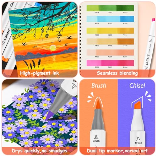Caliart Alcohol Markers Brush Tip - 121 Colors Dual Tip Art Markers Set for Adult Coloring Books Artist Drawing Illustration Sketching, with Case Permanent Alcohol Based Colored Chisel & Brush Pens - Image 4